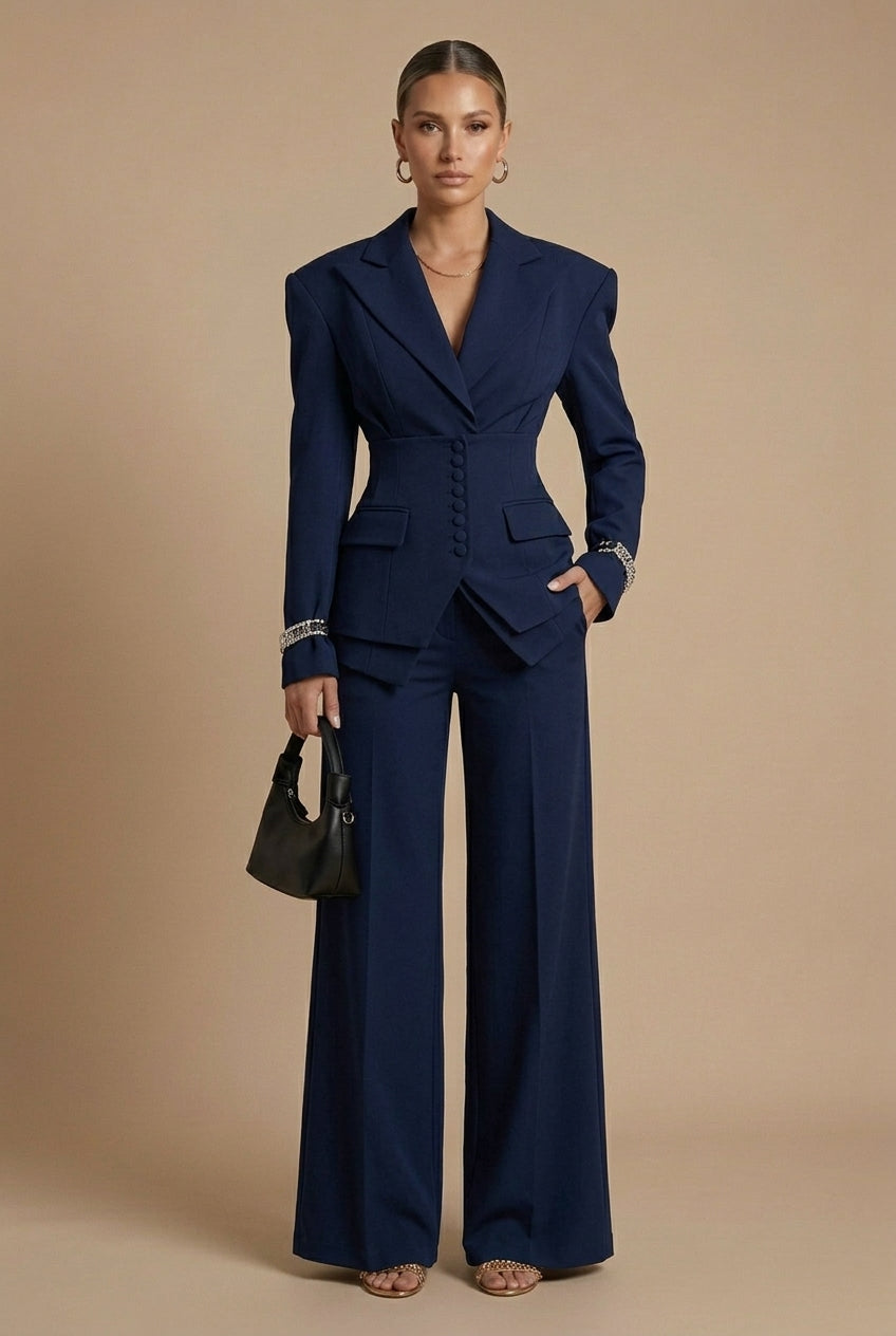 Tailleur femme deux pièces revers pointus pantalon jambe large
