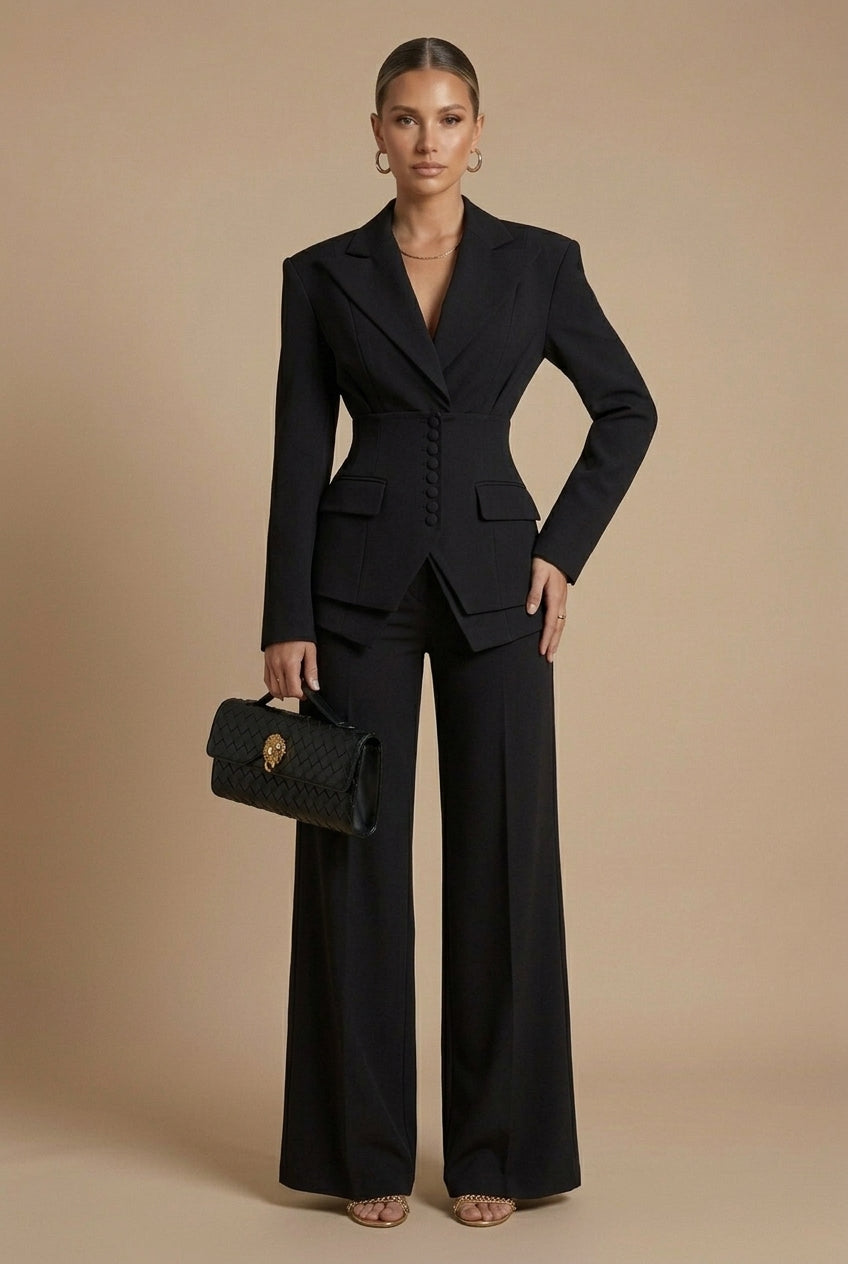 Tailleur femme deux pièces revers pointus pantalon jambe large